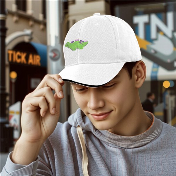 Black Baseball Cap With Cute Green Dinosaur Graphic