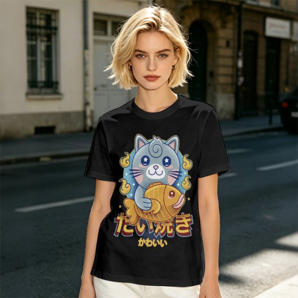 Olive green t-shirt with cute gray cat holding taiyaki graphic
