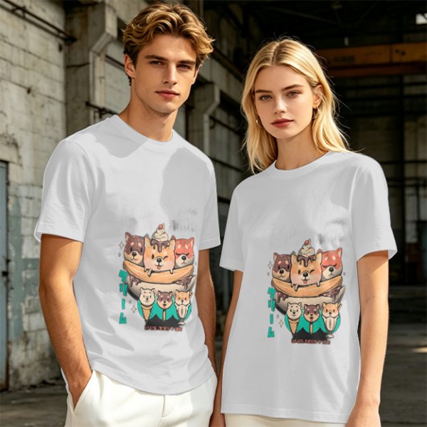 Olive green t-shirt with cute shiba inu ice cream graphic
