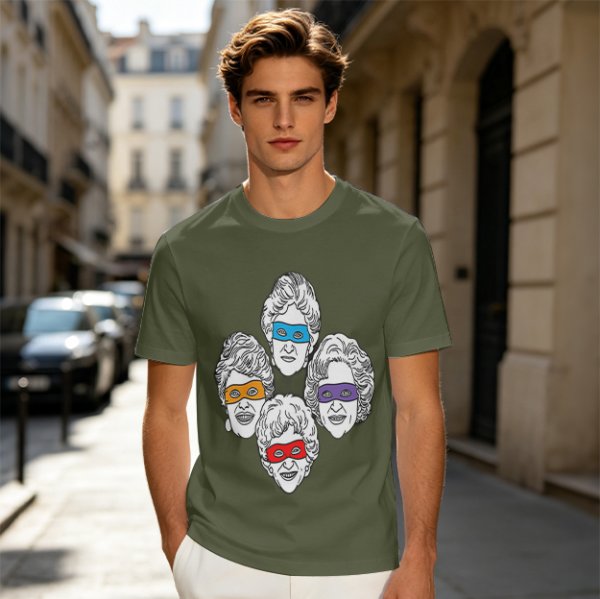 Olive T-Shirt With Golden Girls Ninja Turtle Masks Graphic