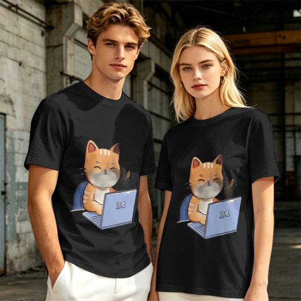 Olive T-Shirt With Cute Orange Cat Working On Laptop Print