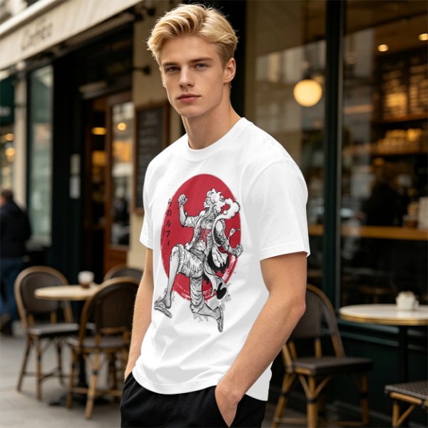 Olive T-shirt with Luffy Gear 5 Sun God Nika Anime Print