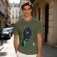 Olive T-shirt with cartoon dinosaur in Darth Vader helmet and chicken print