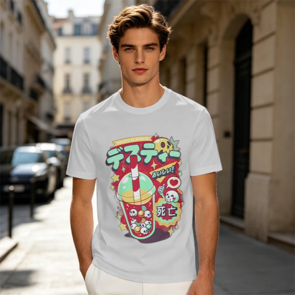 Olive t-shirt with spooky skull bubble tea graphic and Japanese text