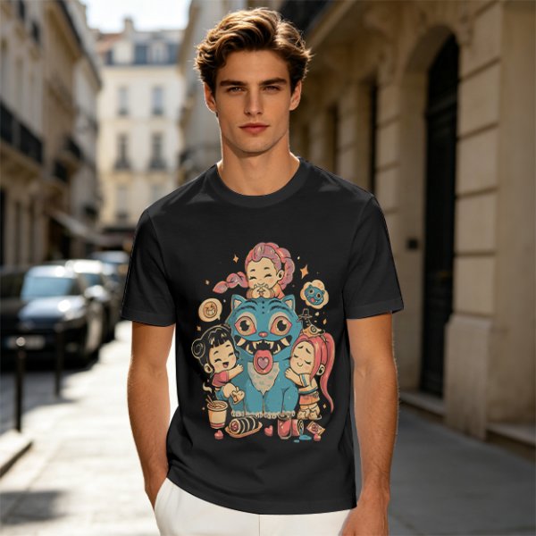 Olive T-Shirt With Cute Chibi Monster And Girls Graphic Print