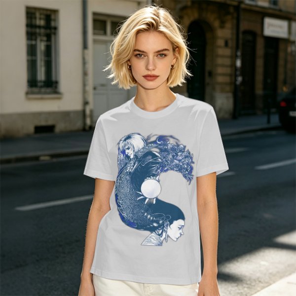Olive T-Shirt With Two Facing Fantasy Figures And Orb Art Print