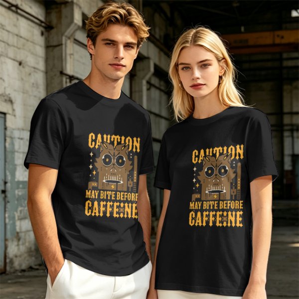Olive Graphic T-Shirt With 'Caution May Bite Before Caffeine' Angry Cat Print
