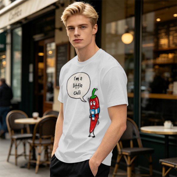Olive green t-shirt with funny 'I'm a little chili' cartoon chili print