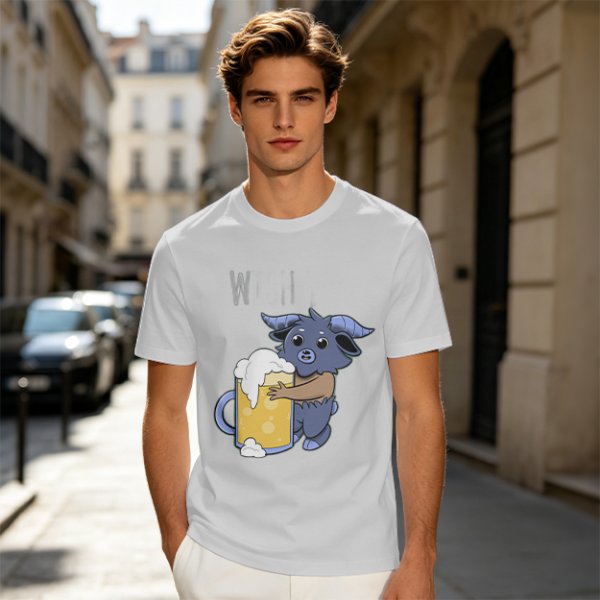 Olive T-Shirt With Cute Blue Goat Holding Foamy Beer Mug Print