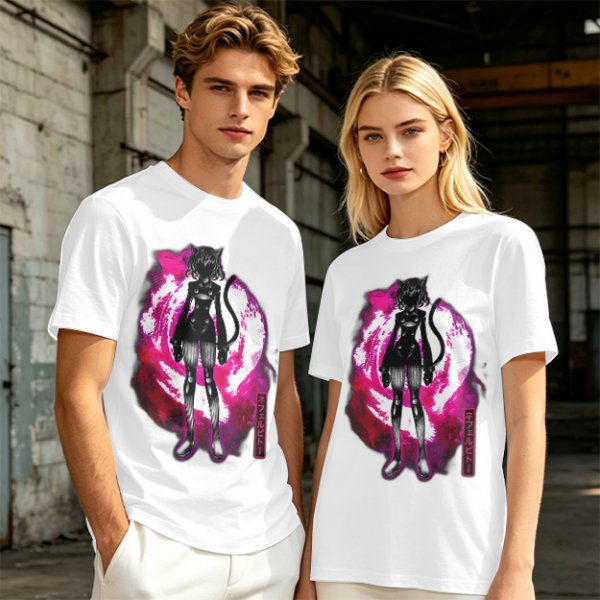 Olive anime cat character graphic t-shirt with pink abstract background