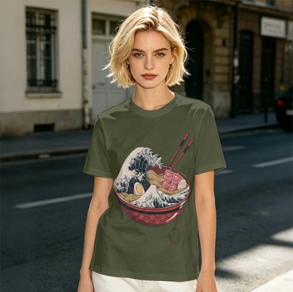 Olive T-Shirt Featuring The Great Wave Off Kanagawa Ramen Bowl Art