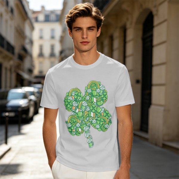 Olive Green T-Shirt With St. Patrick's Day Four-Leaf Clover Art
