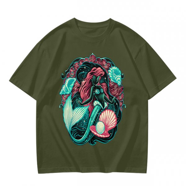 Olive T-Shirt With Mermaid And Seashell Graphic Print