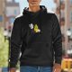 Black hoodie with cartoon burnt marshmallow and flaming match graphic
