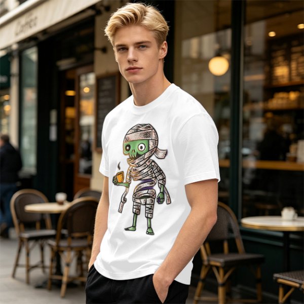 Olive T-Shirt With Cute Mummy Holding Hot Coffee Print