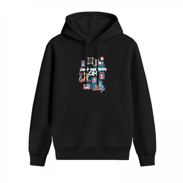 Black hoodie with 'Just one more cat' and playful cat shelf graphic
