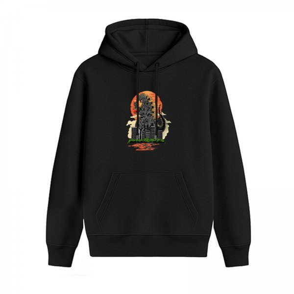 Black Hoodie With Giant Monster Destroying City Sunset Art