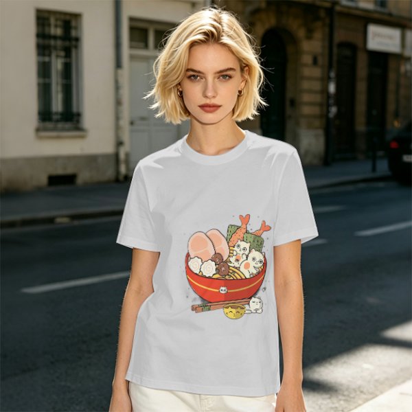 Olive T-Shirt With Cute Cat Ramen Bowl Graphic Print