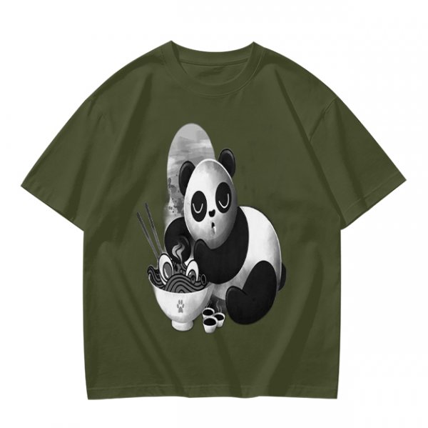 Olive T-Shirt With Panda Eating Ramen Graphic Print