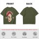 Olive green t-shirt with a cartoon cat eating instant ramen