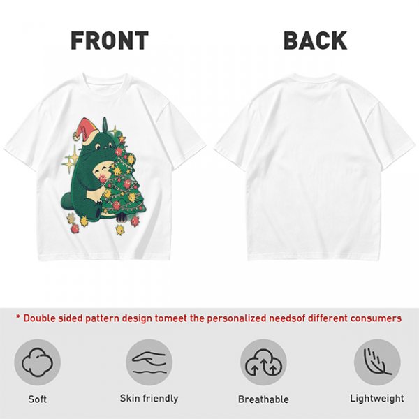 Olive Green T-Shirt With Christmas Totoro Decorating Tree Print