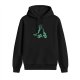 Black hoodie with a dinosaur riding a bicycle graphic