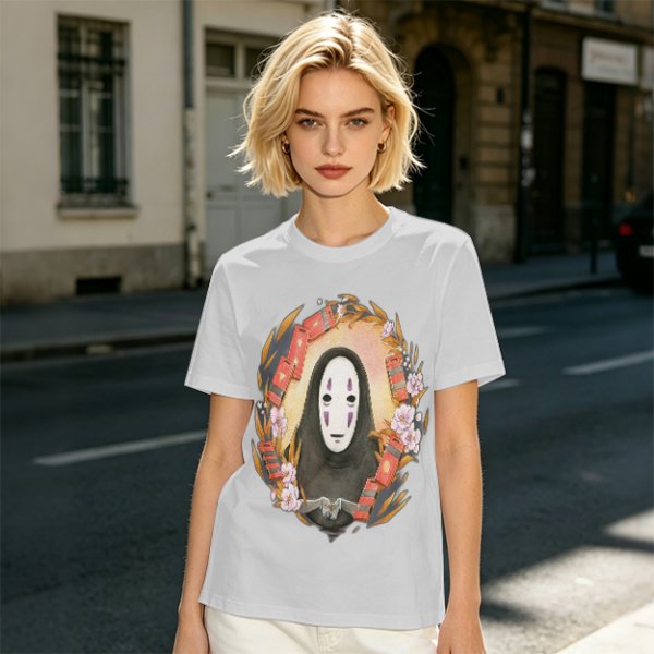 Spirited Away No-Face Graphic Tee with Cherry Blossoms and Lanterns