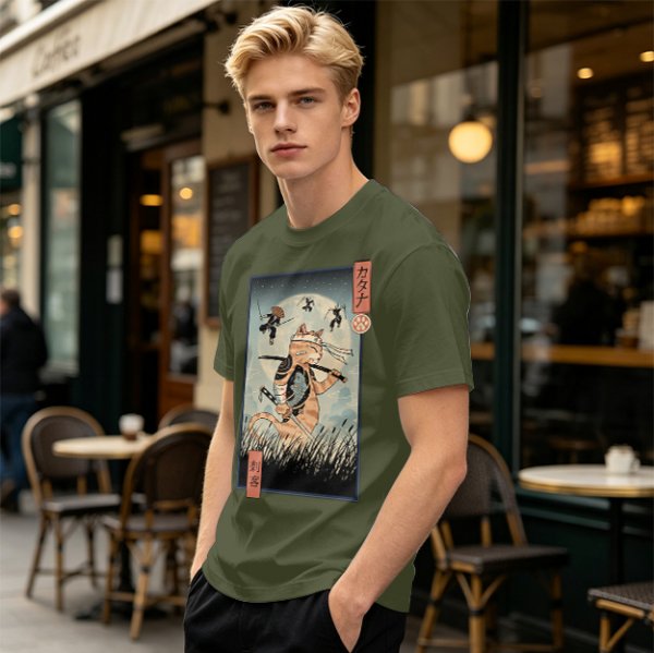 Samurai Cat Fighting Ninjas Ukiyo-e Style Graphic T-Shirt