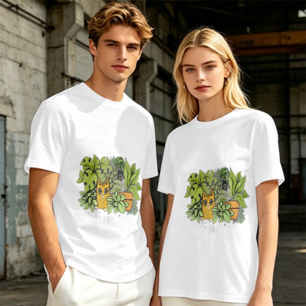 Olive T-Shirt With Playful Cat And House Plants Graphic