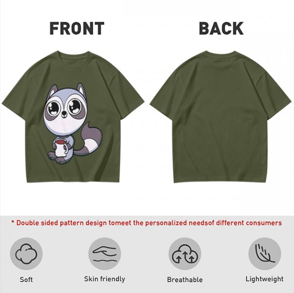 Olive T-Shirt with Cute Raccoon Holding Coffee Mug Print