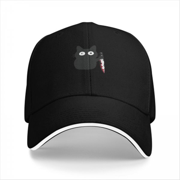 Black Baseball Cap With Cute Cat Holding Bloody Knife Print