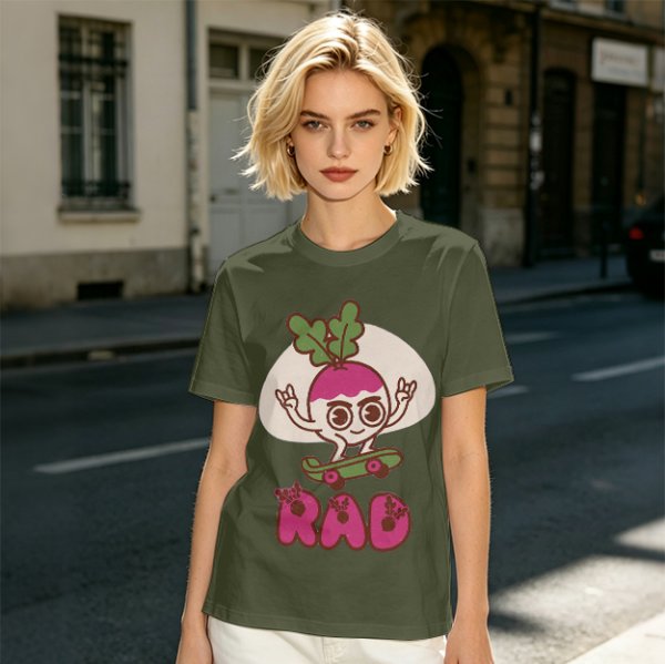 Olive T-Shirt With Rad Skating Radish Cartoon Graphic
