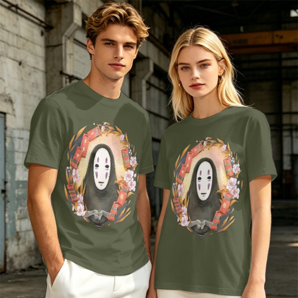 Spirited Away No-Face Graphic Tee with Cherry Blossoms and Lanterns