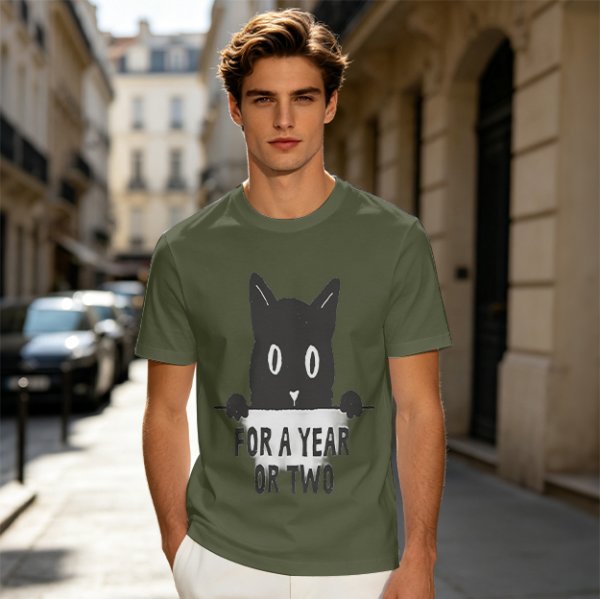 Olive graphic t-shirt with black cat holding 'for a year or two' text
