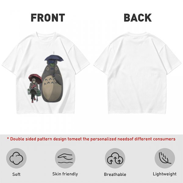 Olive T-shirt with Totoro and masked figure under umbrellas print