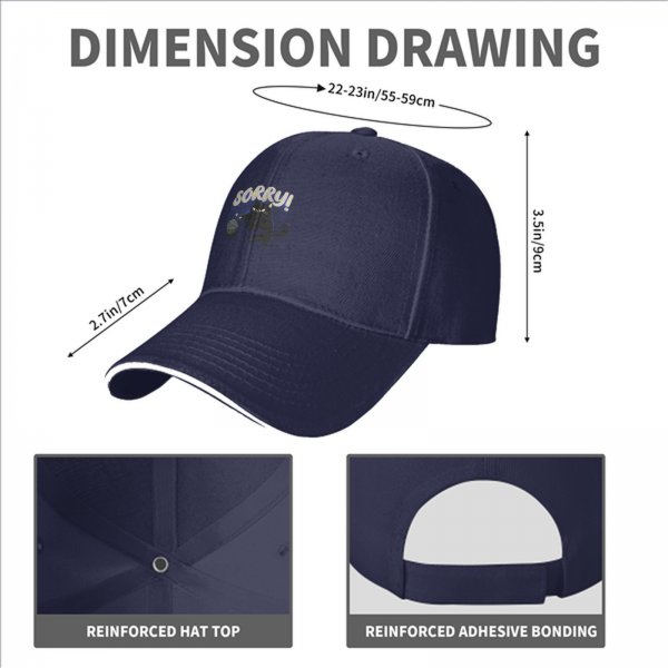 Black baseball cap with angry black cat graphic and 'SORRY!' text