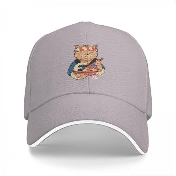 Black Baseball Cap with Ramen Chef Cat Graphic