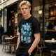 Olive T-Shirt With Playful Blue Cat Character Print