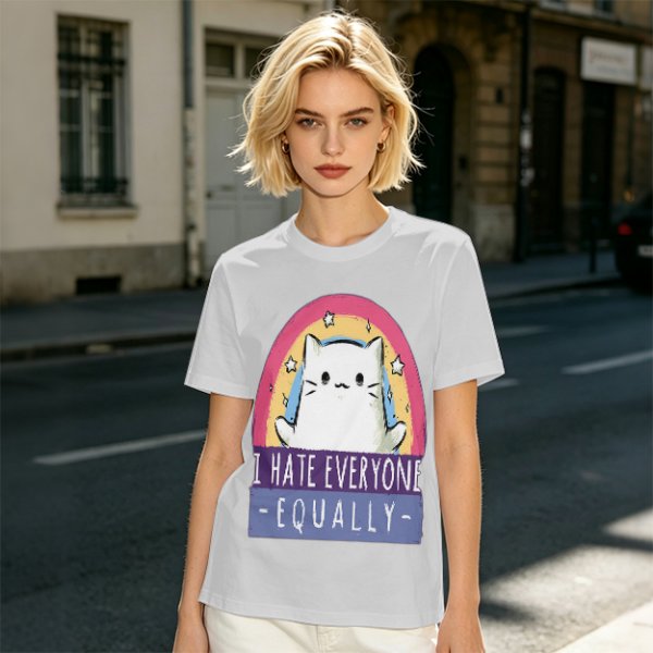 Olive graphic t-shirt with a white cat and 'I hate everyone equally' print