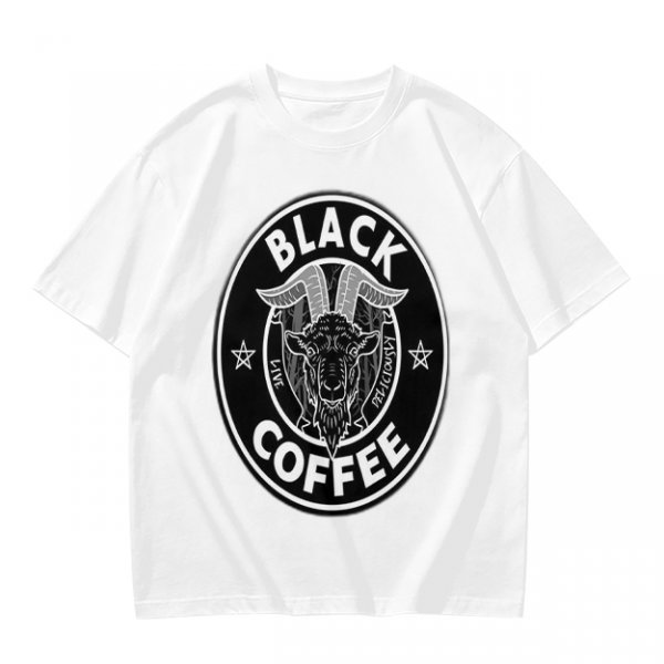 Olive green t-shirt with black goat head and Black Coffee graphic