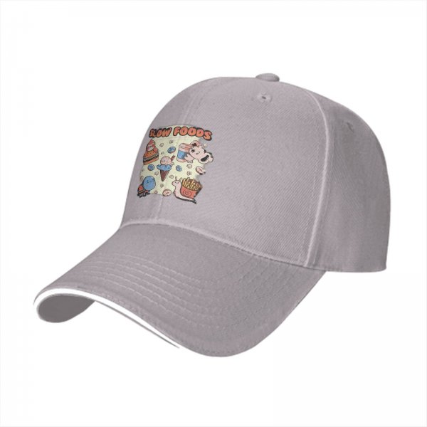 Black baseball cap with cute slow foods themed cartoon print