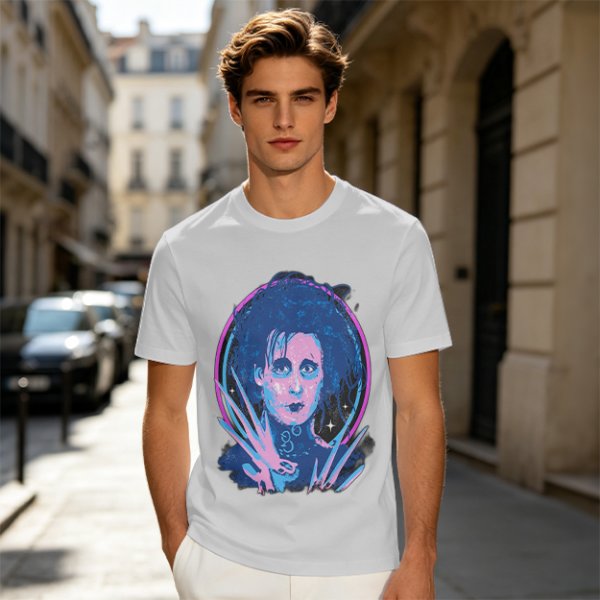 Olive T-Shirt With Neon Edward Scissorhands Portrait Print