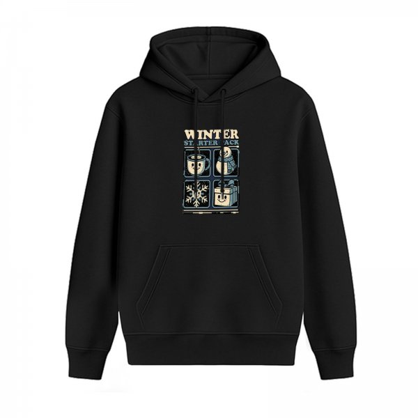 Black hoodie with winter starter pack graphic featuring mug, snowman, snowflake and gift