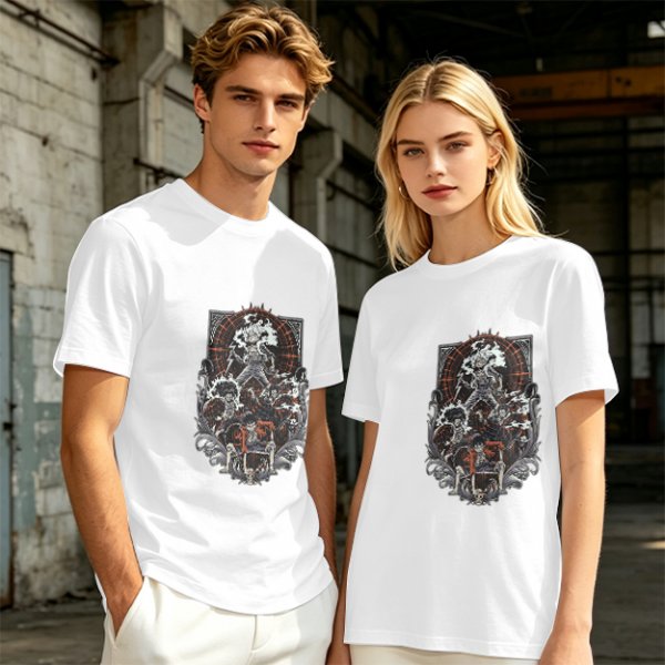 Olive T-shirt with Gothic Anime Character Group Graphic Print