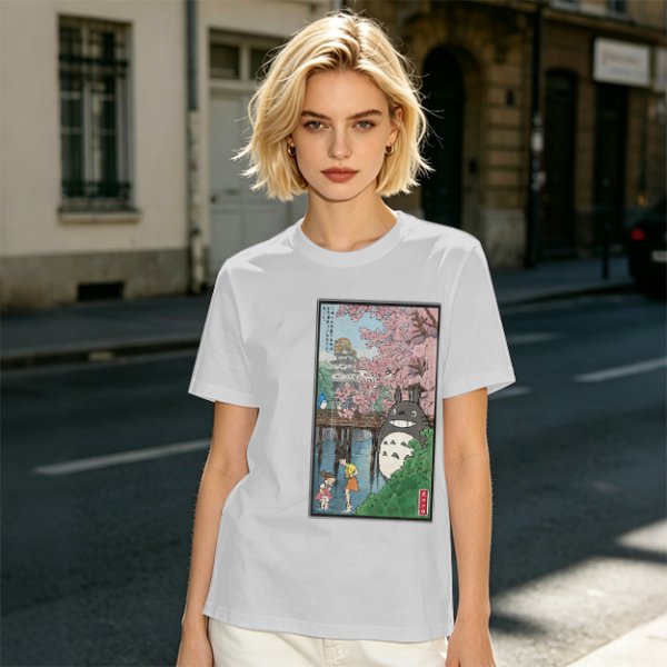 Olive T-shirt with Totoro cherry blossom Japanese woodblock print