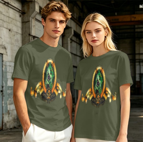 Olive Green T-Shirt With Ornate Golden Frame And Green Wolf Head Print