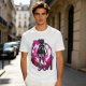 Olive anime cat character graphic t-shirt with pink abstract background