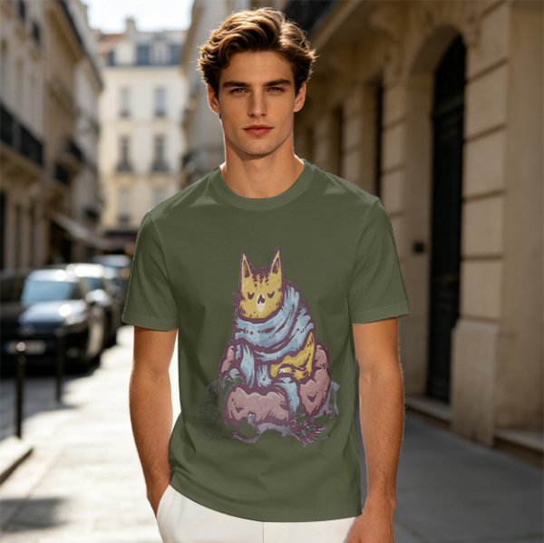 Olive T-Shirt With Meditating Cat Graphic Print