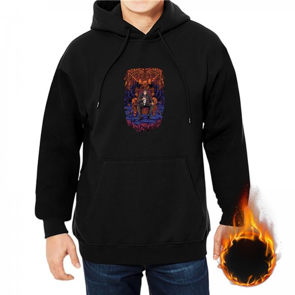 Black hoodie with throne and dark fantasy character graphic