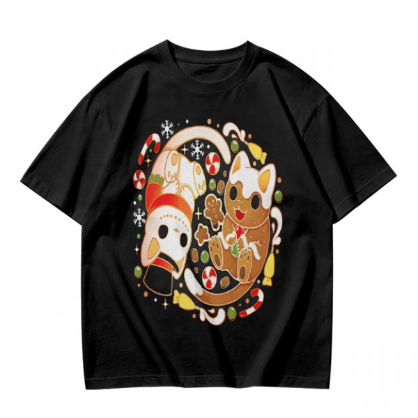 Olive Green T-Shirt With Christmas Cat Gingerbread Candy Print